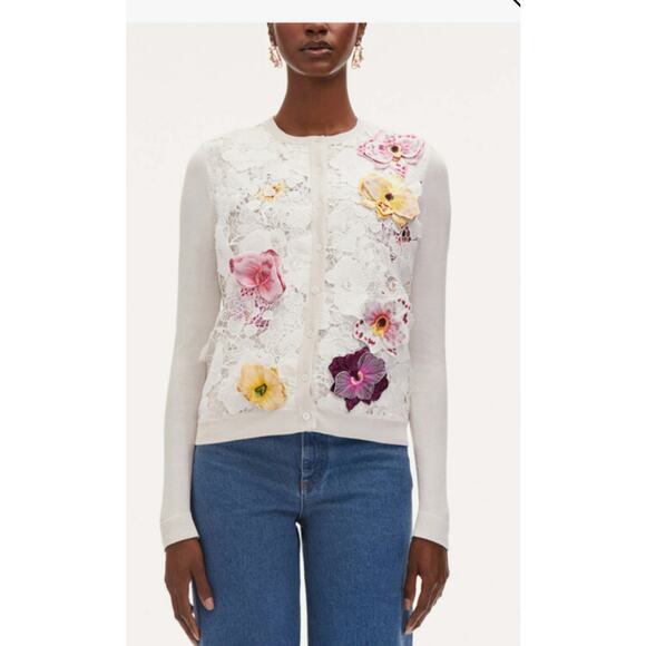 OSCAR DE LA RENTA Orchid Embroidered Lace Cardigan in White Multi S - Picture 1 of 6
